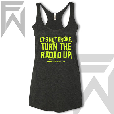 black yellow off-road tank top front — It's Not Broke, Turn The Radio Up - Racerback…