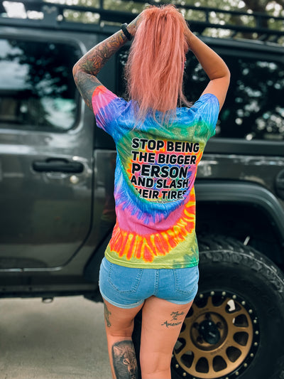 graphic tee front — Slash tires tie dye shirt