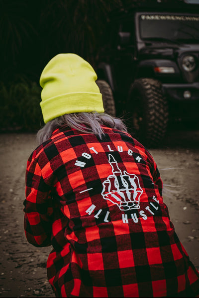 punk flannel shirt front — Not luck all hustle flannel