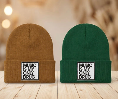 graphic hat product shot — Music is my only drug beanie