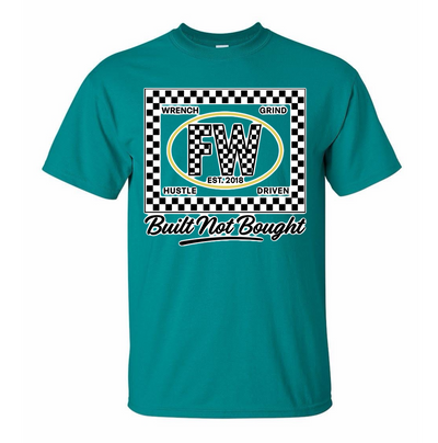 off-road graphic tee front — Built not bought checker shirt