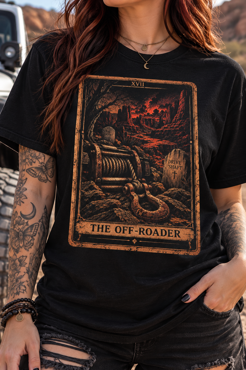 The Off-Roader 2026 tarot card tee in black, winch and shackle in red canyon